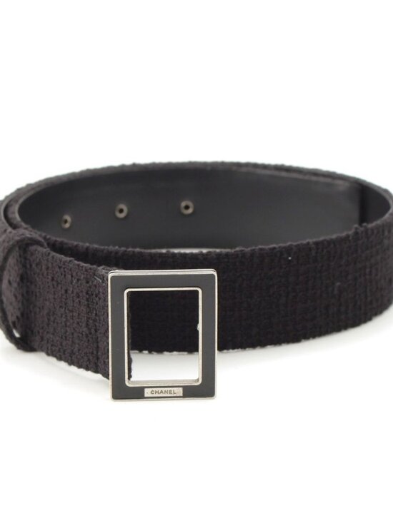 Chanel Tweed Logo Square Buckle Belt Black